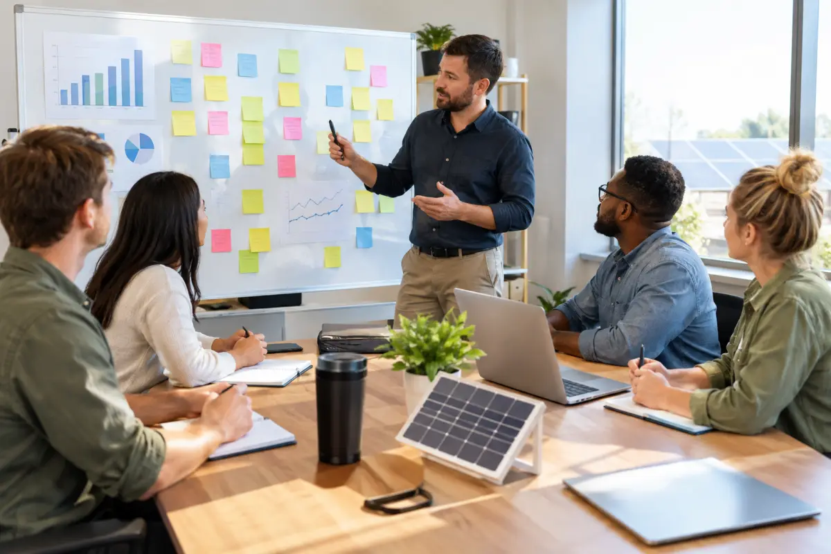 Small solar sales team meeting around a whiteboard covered in sticky notes