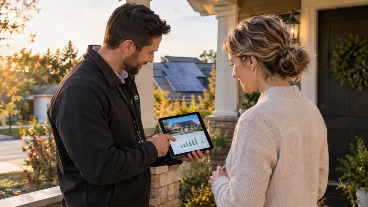 Solar sales closer presenting a proposal on a tablet to a homeowner at a dining table