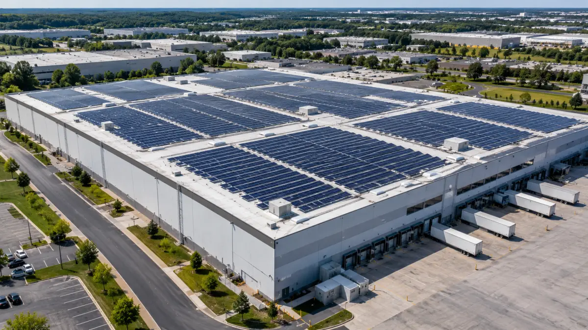 Large flat commercial rooftop covered with rows of solar panels under a clear sky
