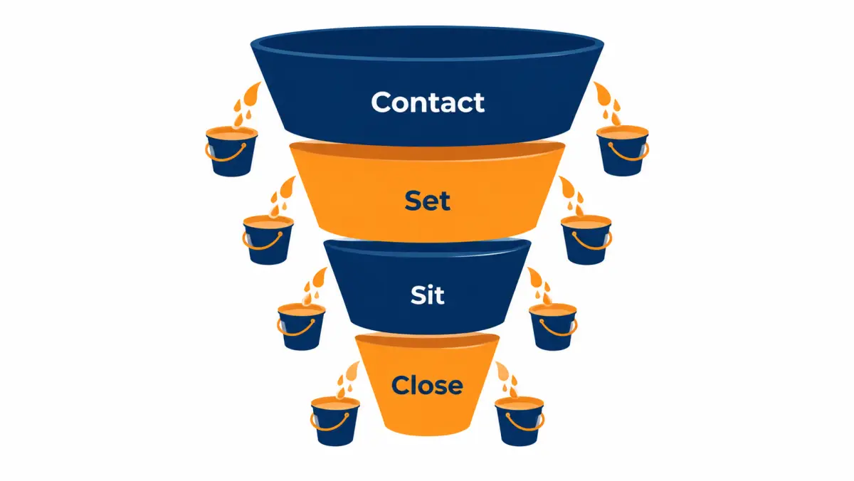 Diagram of a sales funnel with leaks marked at the contact, appointment, sit and close stages