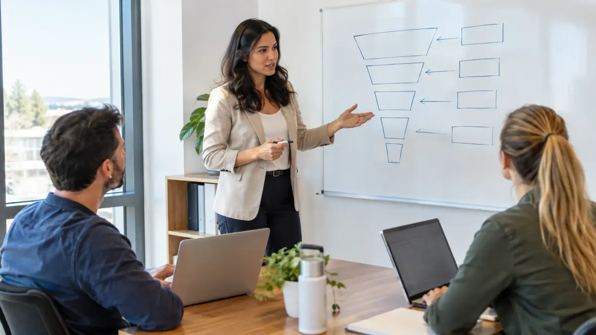 Solar sales manager at a whiteboard walking two reps through a sales funnel