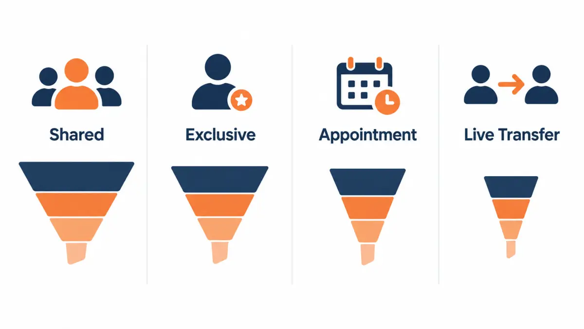 Comparison chart of shared, exclusive, aged, live transfer and appointment lead types across cost and labor