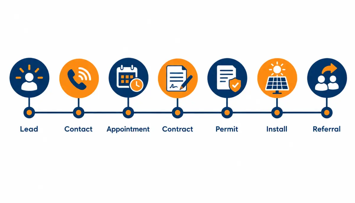 Timeline showing a lead arriving, appointment, signed contract, cancellation window, installation and payment