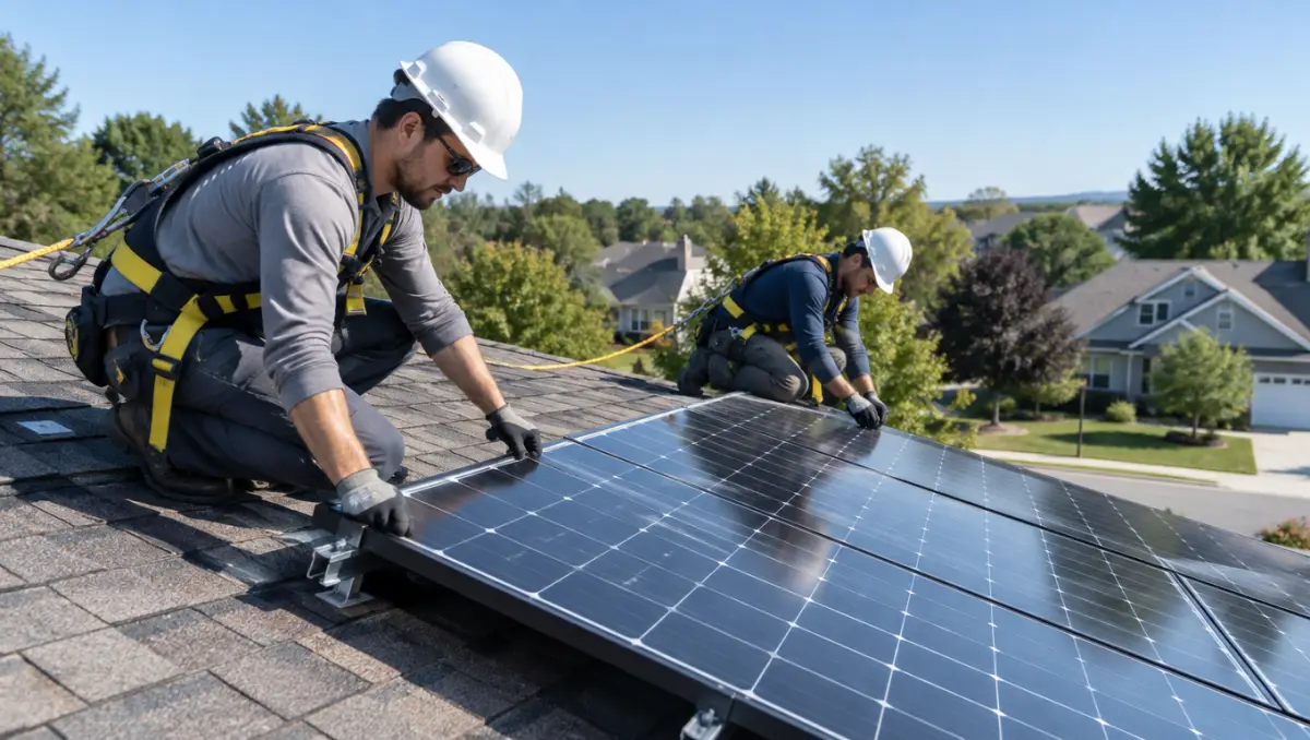 Installation crew mounting panels on a residential roof on a clear day