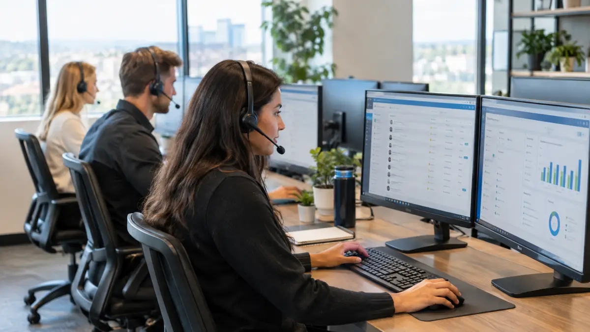 Setters working phones and dialer screens in an open sales office, calling new solar leads