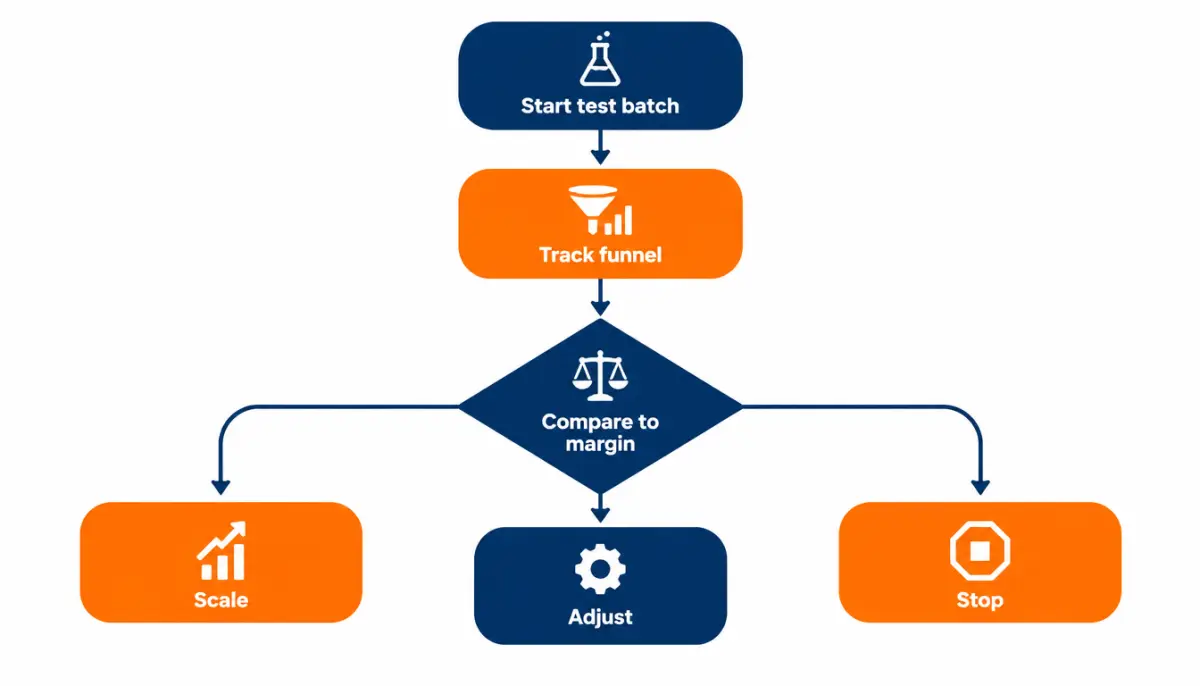 Decision tree for a lead test batch with checkpoints for contact rate, held appointments and cost per sale