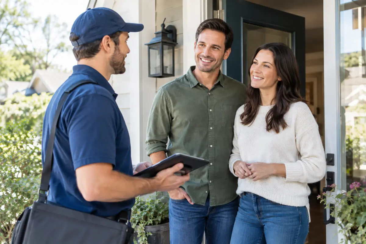 Solar closer arriving at a homeowner's front door with a tablet for a scheduled consultation as the couple greets him
