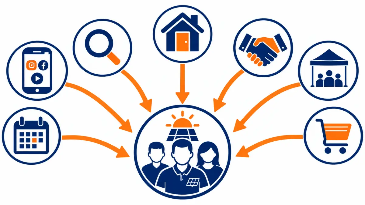 Diagram of seven solar lead sources, social, search, door-knocking, referrals, events, purchased leads and appointments, flowing into one installer sales team