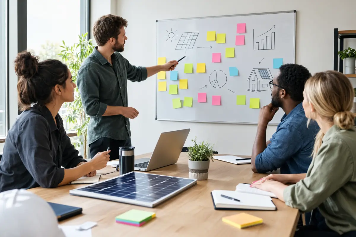 Small solar installer team planning their marketing budget with sticky notes on a whiteboard in a meeting room