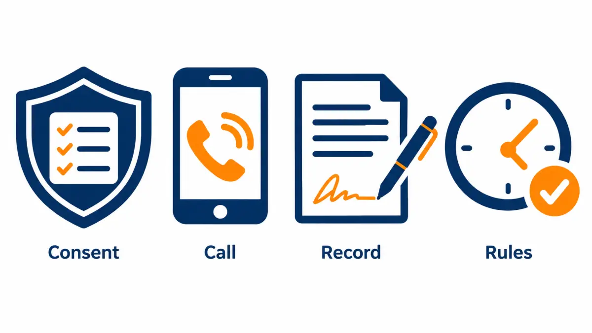 Shield icon with a checklist, phone, signed document and clock representing consent records and calling rules