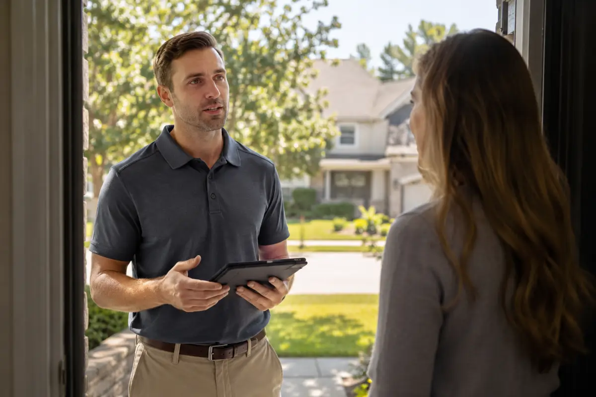Solar canvasser with a tablet talking with a homeowner at the front door of a suburban house in late afternoon