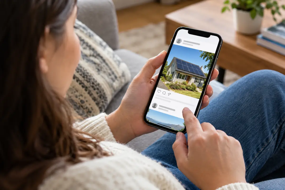 Homeowner on a sofa scrolling a social media feed on a smartphone showing a house with rooftop solar panels