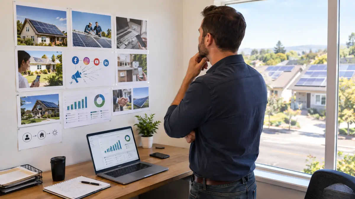 Solar company owner in a small office reviewing marketing channels on a wall and a laptop, with rooftop solar homes visible through the window