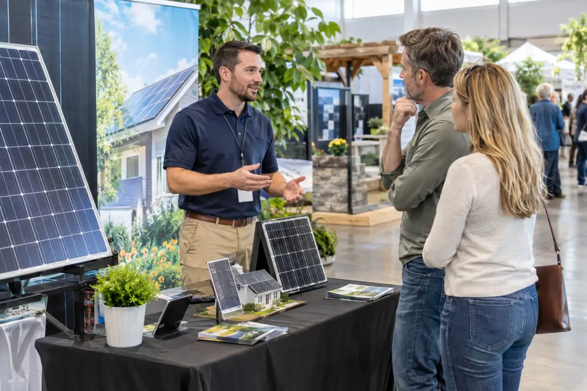 Solar company booth at a home and garden show with a small panel display and a rep talking to a couple