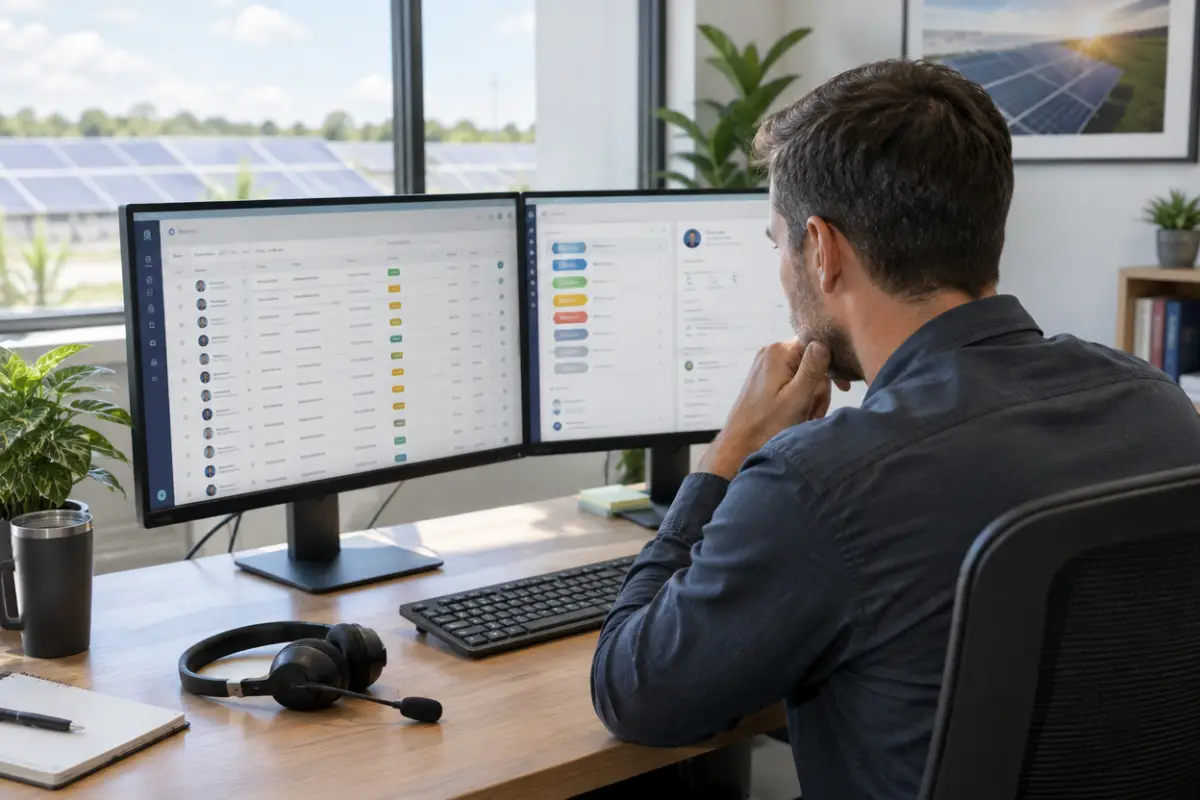Sales manager reviewing a CRM lead list on two monitors in a solar company office with a headset on the desk