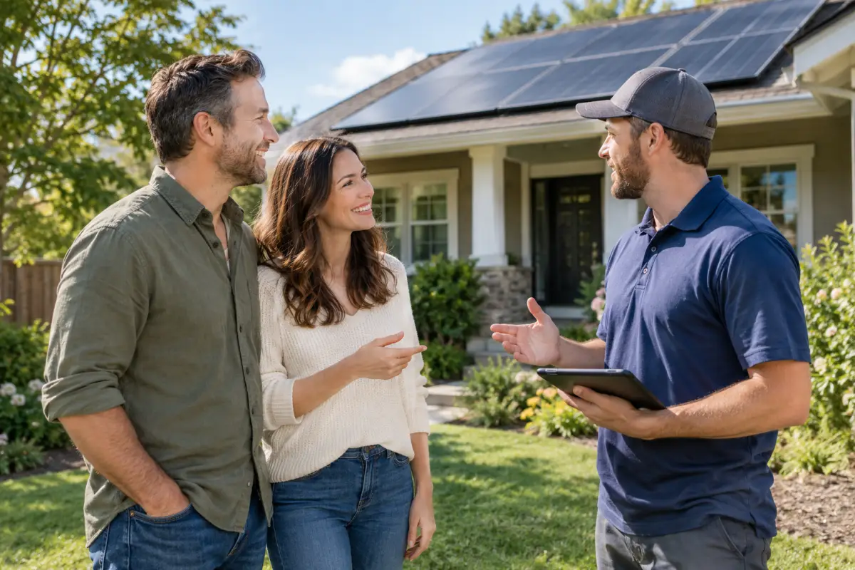 Solar customer introducing a neighbor to an installer on a front lawn with rooftop panels on the house behind them