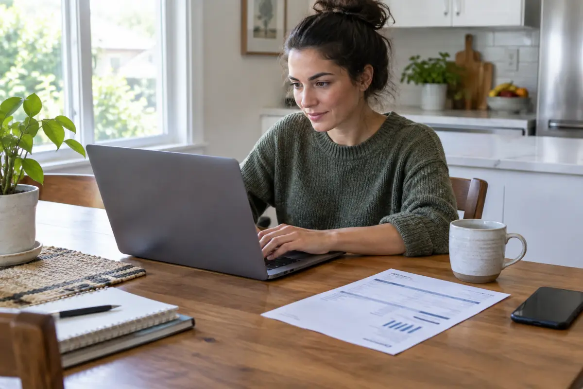 Homeowner at a kitchen table researching solar installers on a laptop with a utility bill beside it