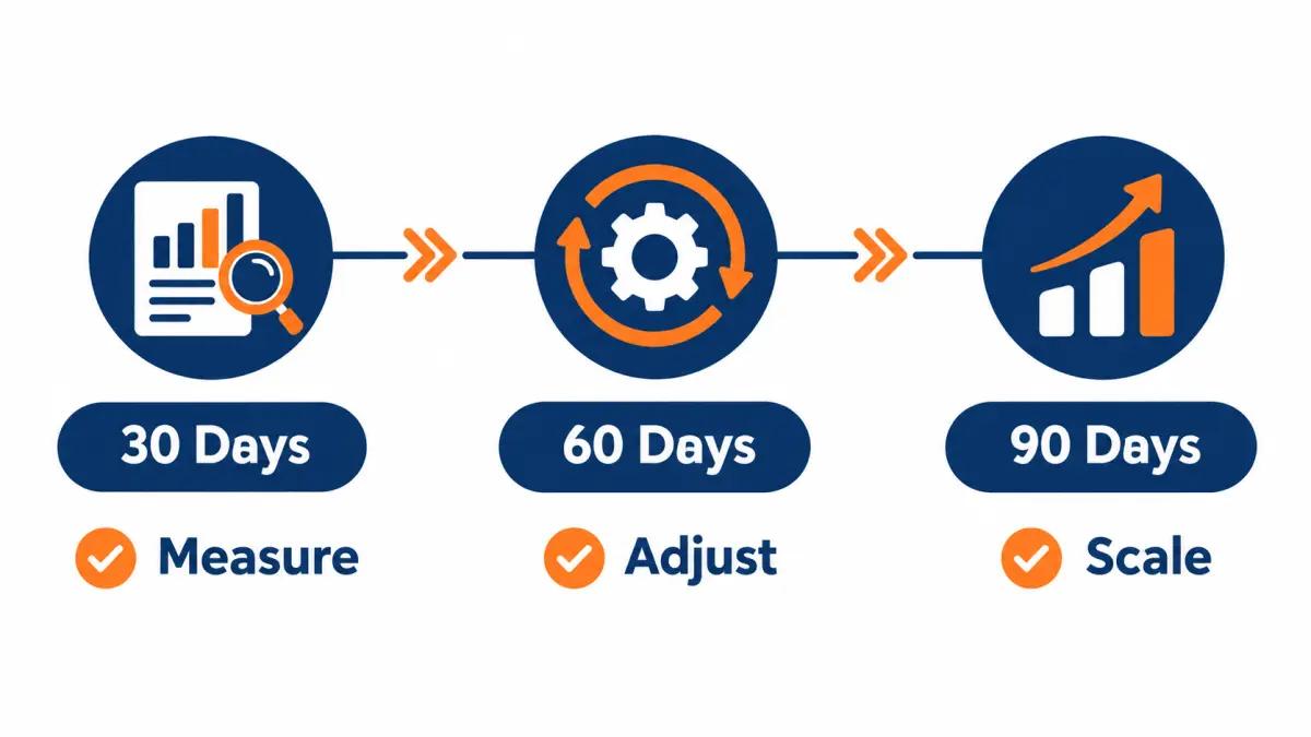 Horizontal 30, 60 and 90 day timeline with measure, adjust and scale phases