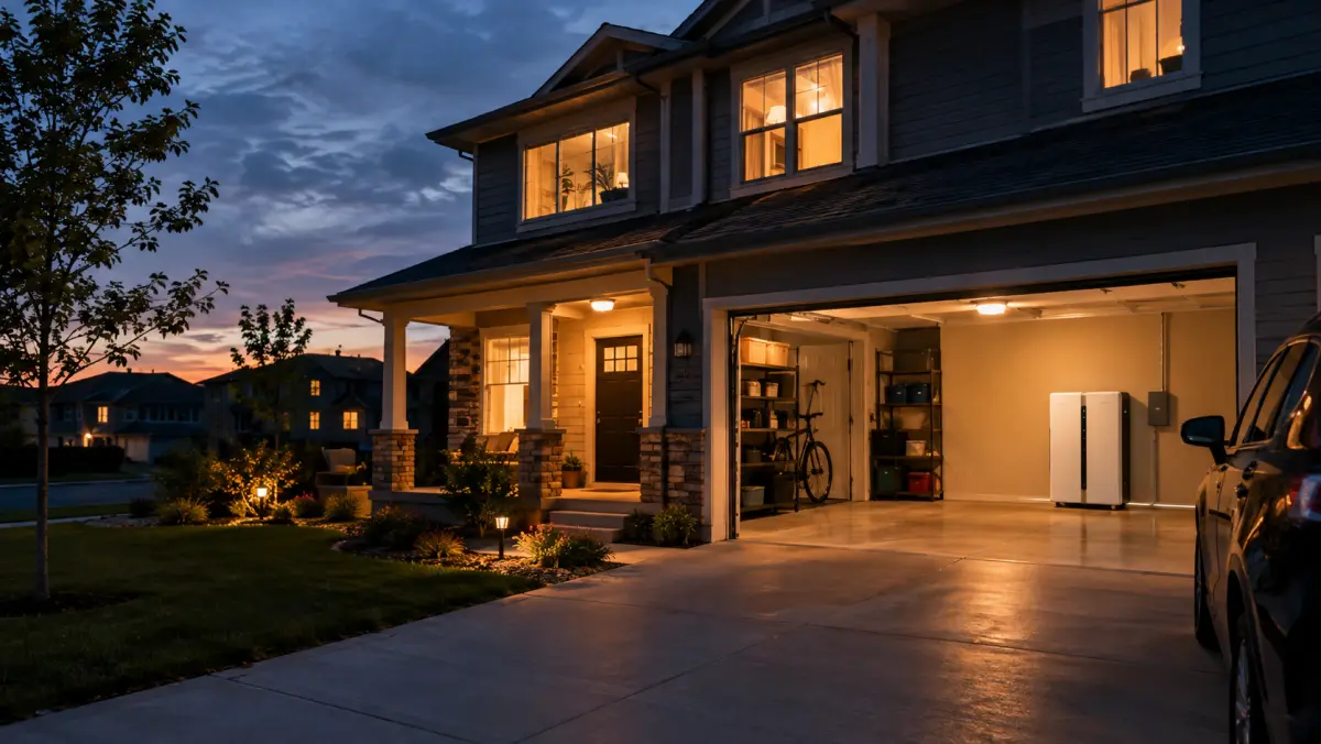Evening suburban home with lights on during a neighborhood power outage, battery in garage
