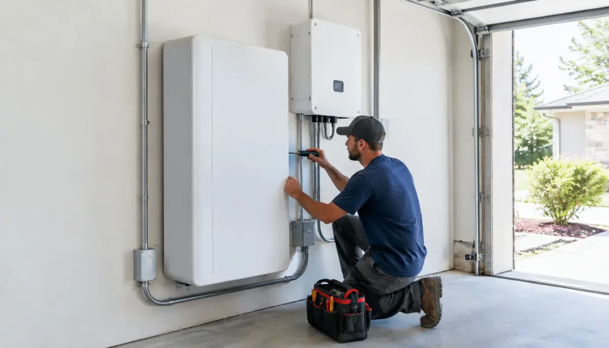 Electrician installing a wall-mounted home battery in a residential garage