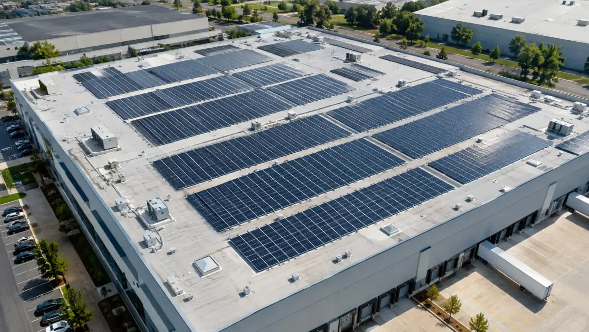 Aerial view of a commercial warehouse flat roof covered with rows of solar panels