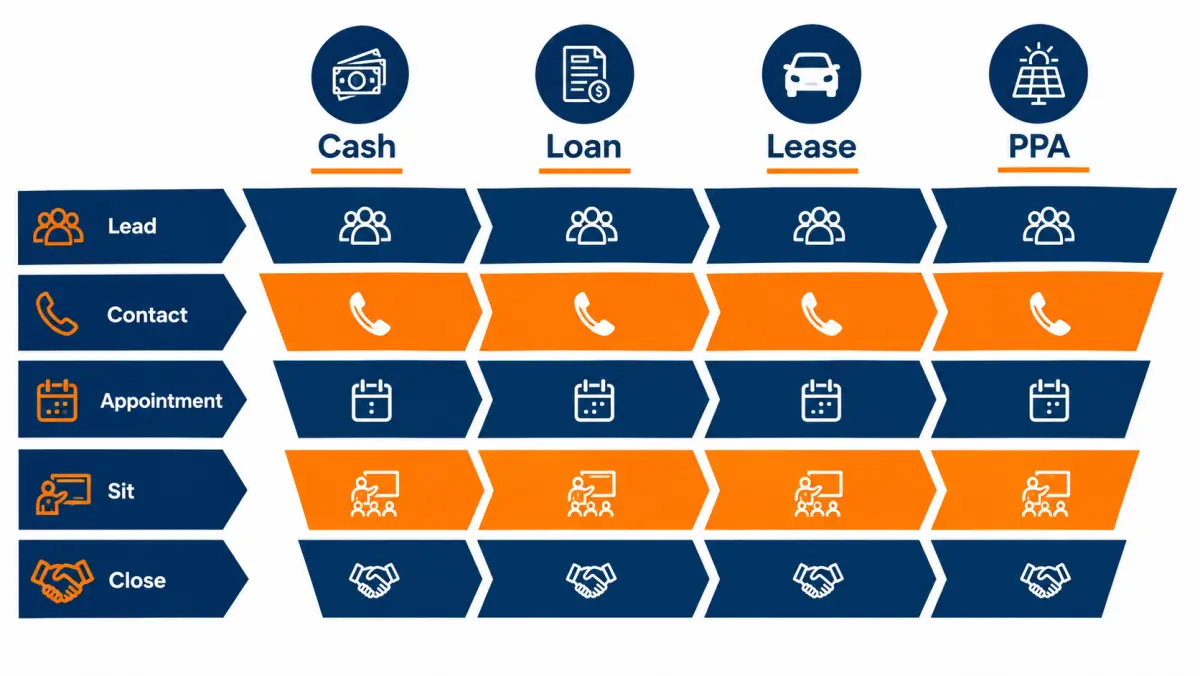 Sales funnel diagram split into cash, loan, lease and PPA lanes