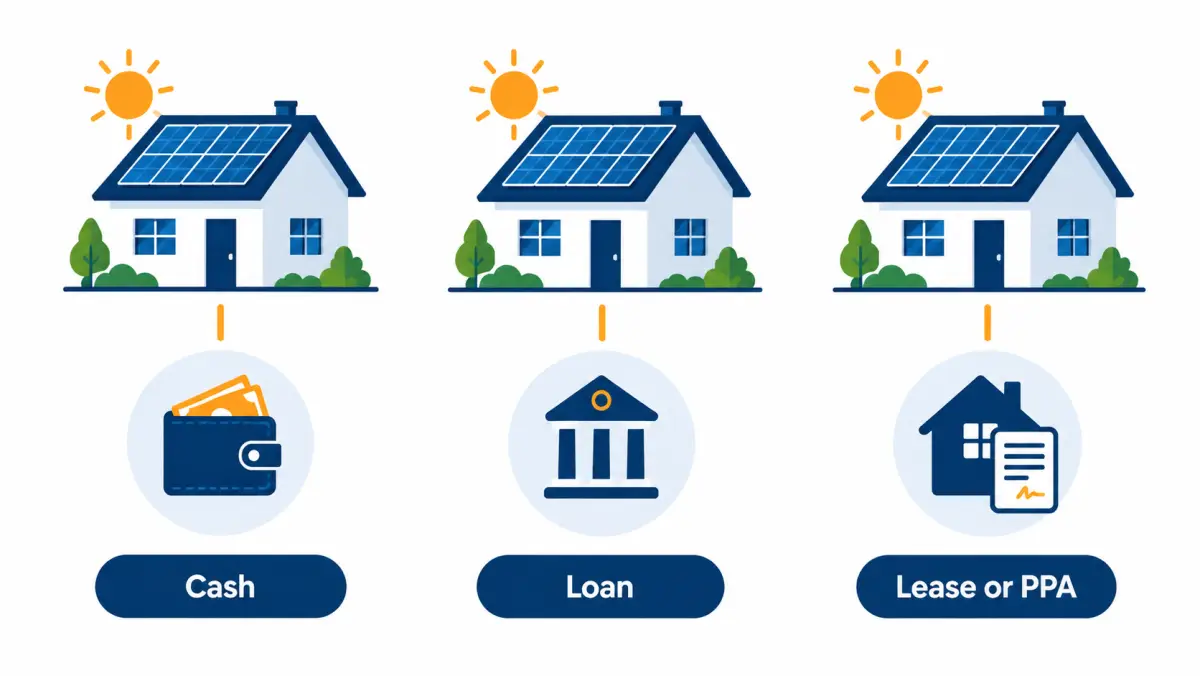 Diagram of three ways homeowners pay for solar: cash, loan, and lease or PPA