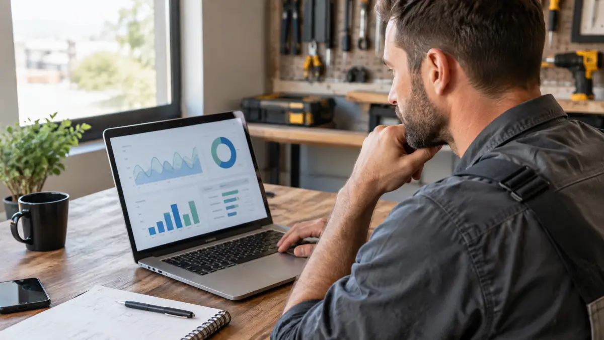 Installer business owner reviewing analytics charts on a laptop