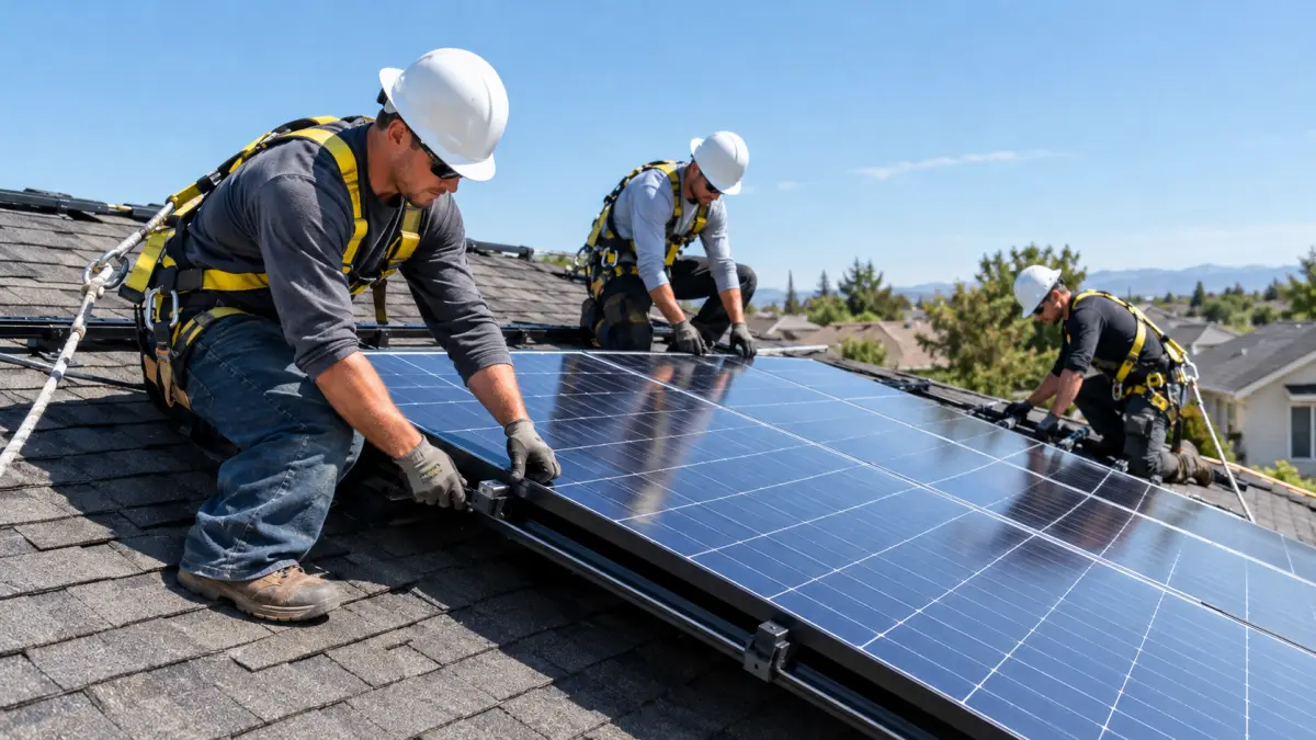 Installation crew mounting solar panels on a suburban shingle roof