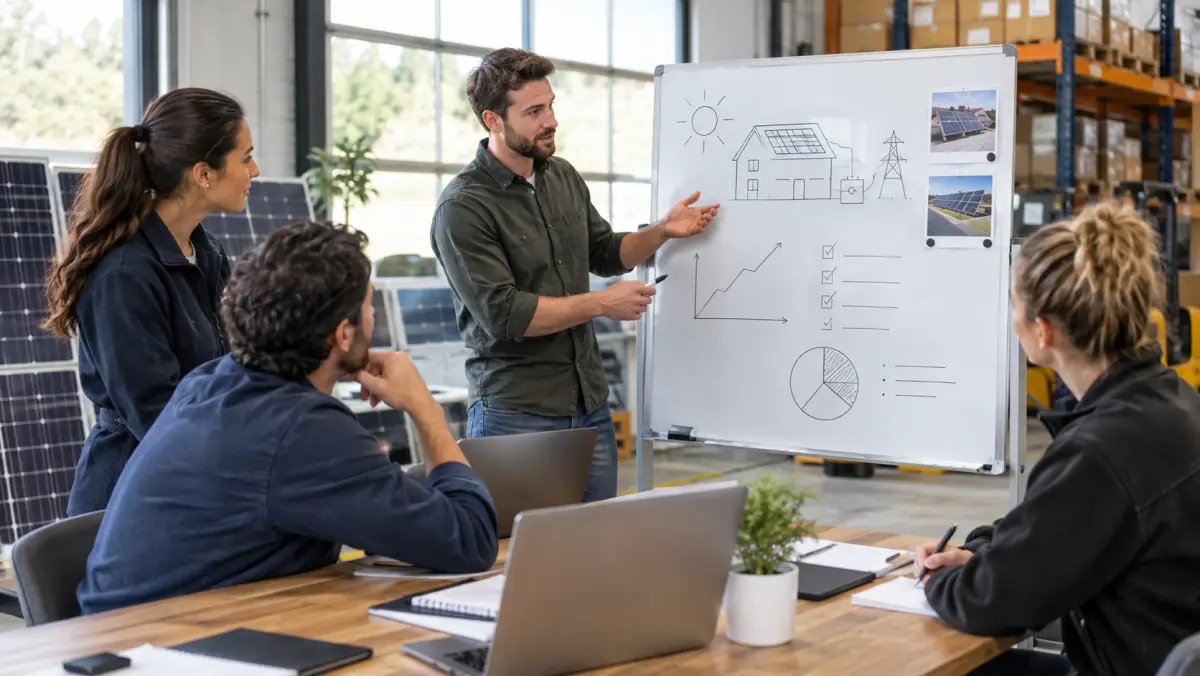 Small solar company sales team in a morning huddle around a whiteboard
