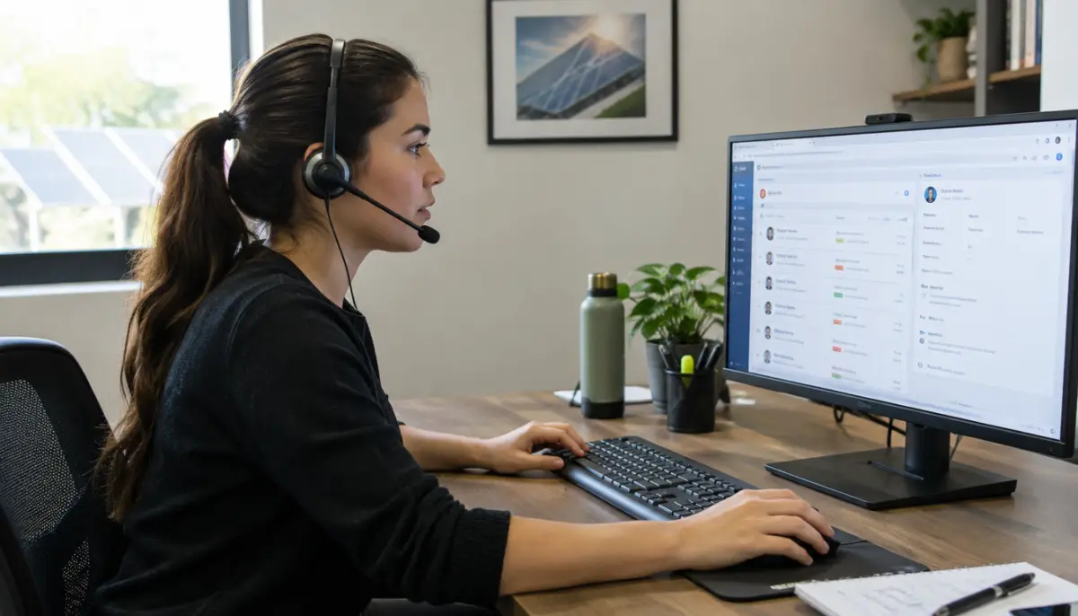 Solar appointment setter wearing a headset at a desk with a CRM on screen