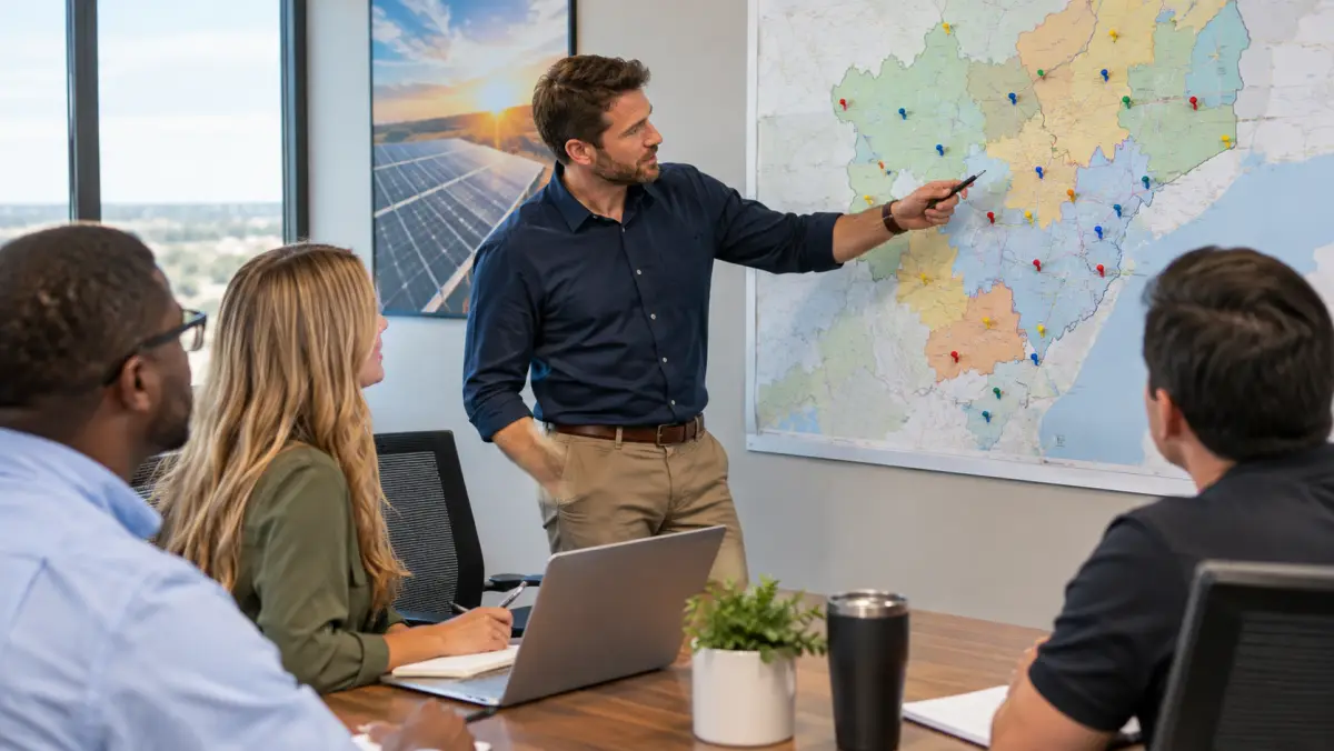Solar sales manager pointing at a wall map of service territories with colored pins