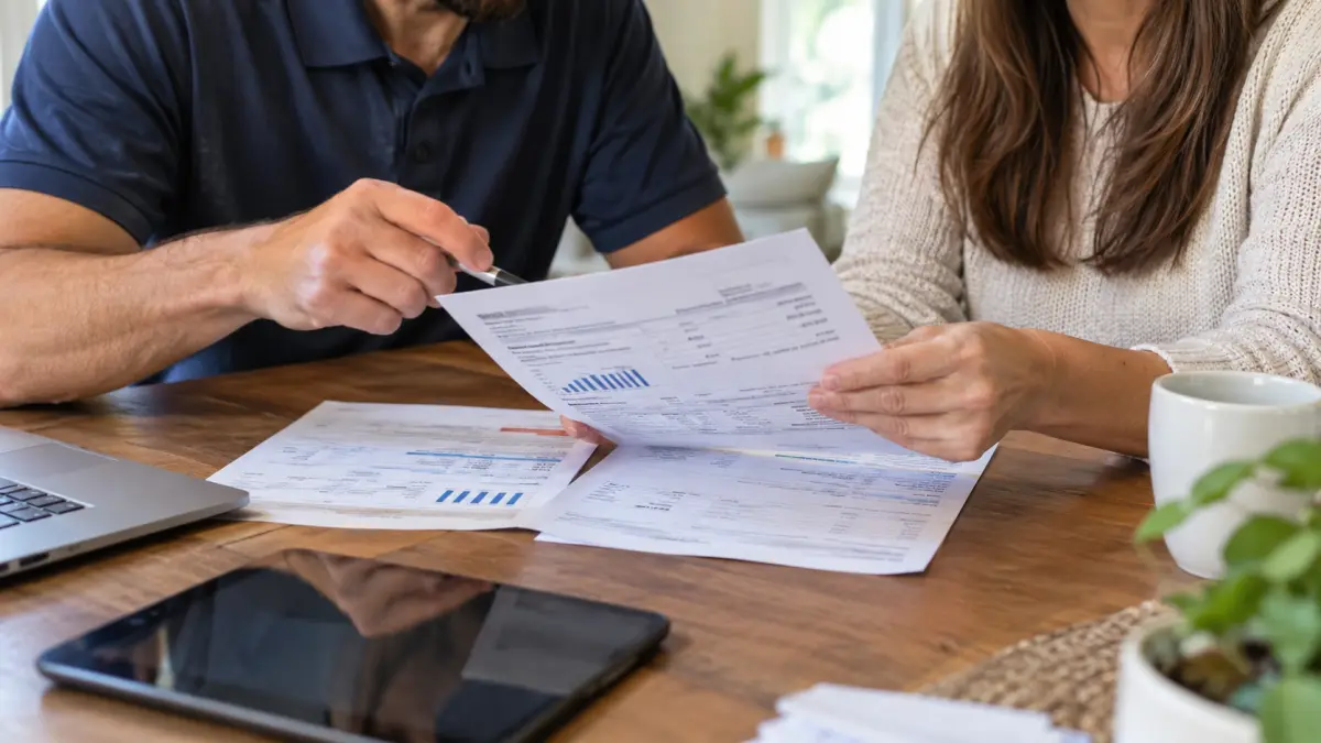 Solar consultant and homeowner reviewing a paper electric bill at a dining table