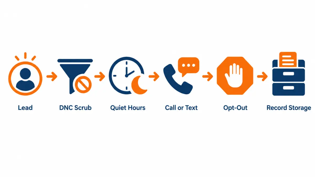 Workflow diagram of compliance controls from lead arrival through DNC scrub, quiet hours, outreach, opt-out and record storage