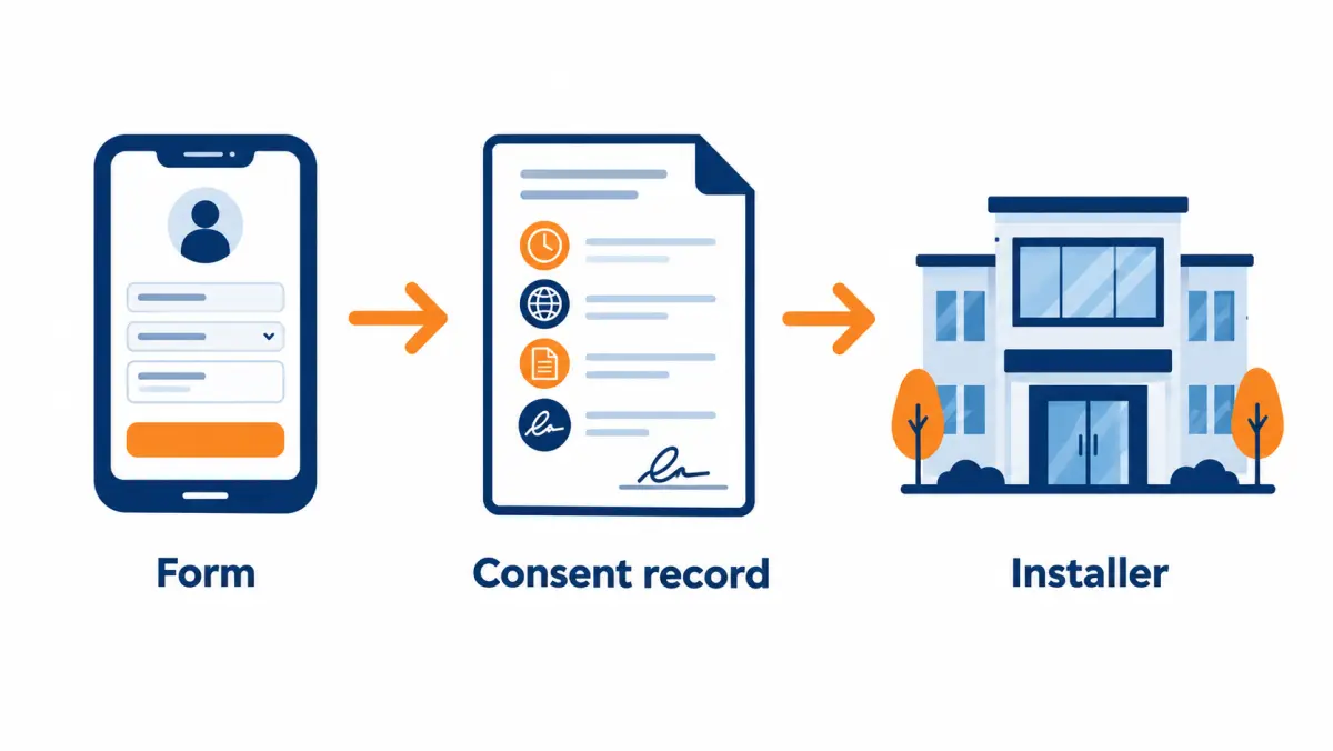 Diagram of a consent record traveling with a lead from a web form to the installer