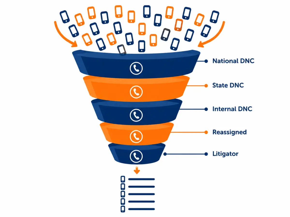 Funnel diagram showing phone numbers filtered through national, state, internal, reassigned-number and litigator layers