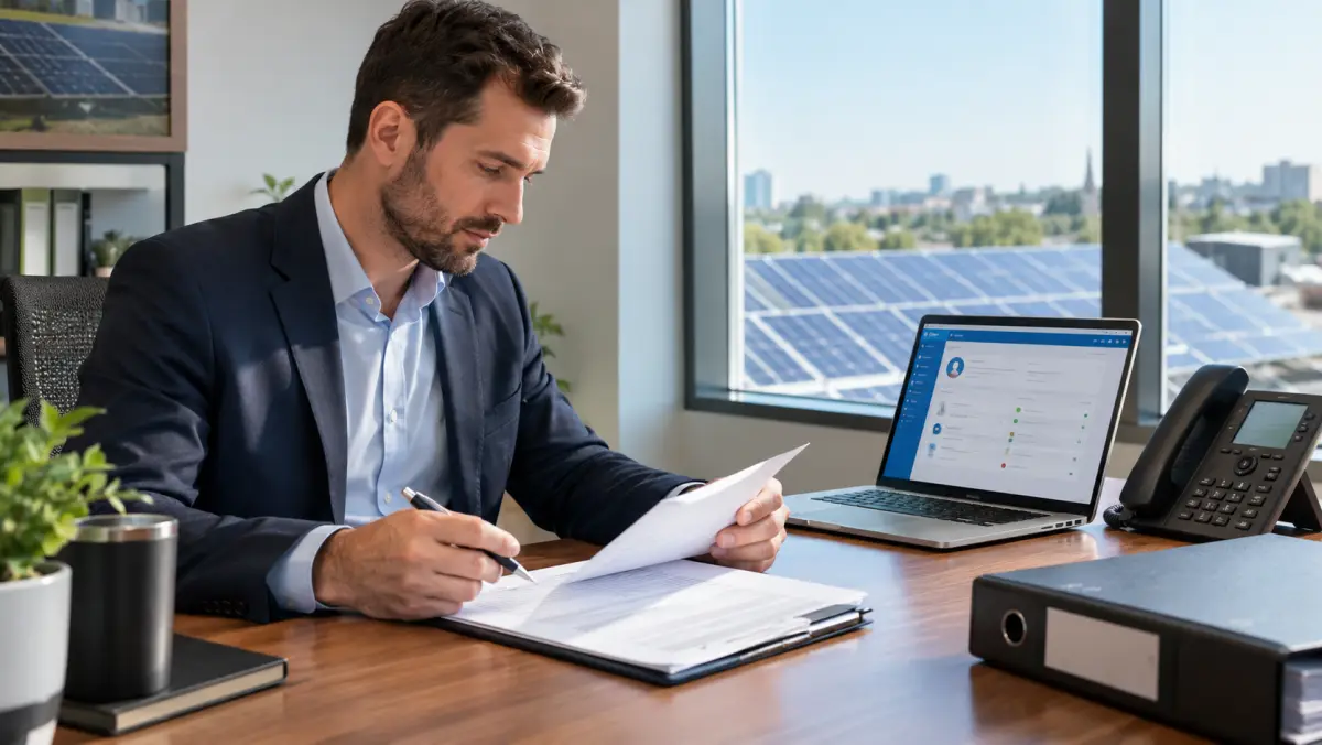 Solar sales manager reviewing a compliance document beside a desk phone and laptop