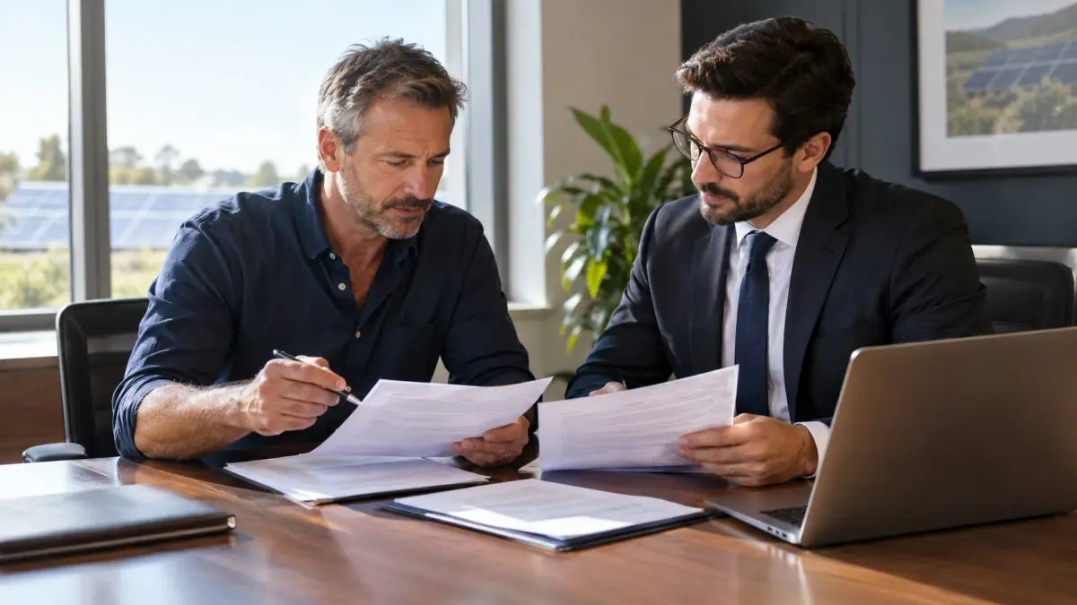 Solar company owner reviewing printed contracts with a lawyer at a conference table