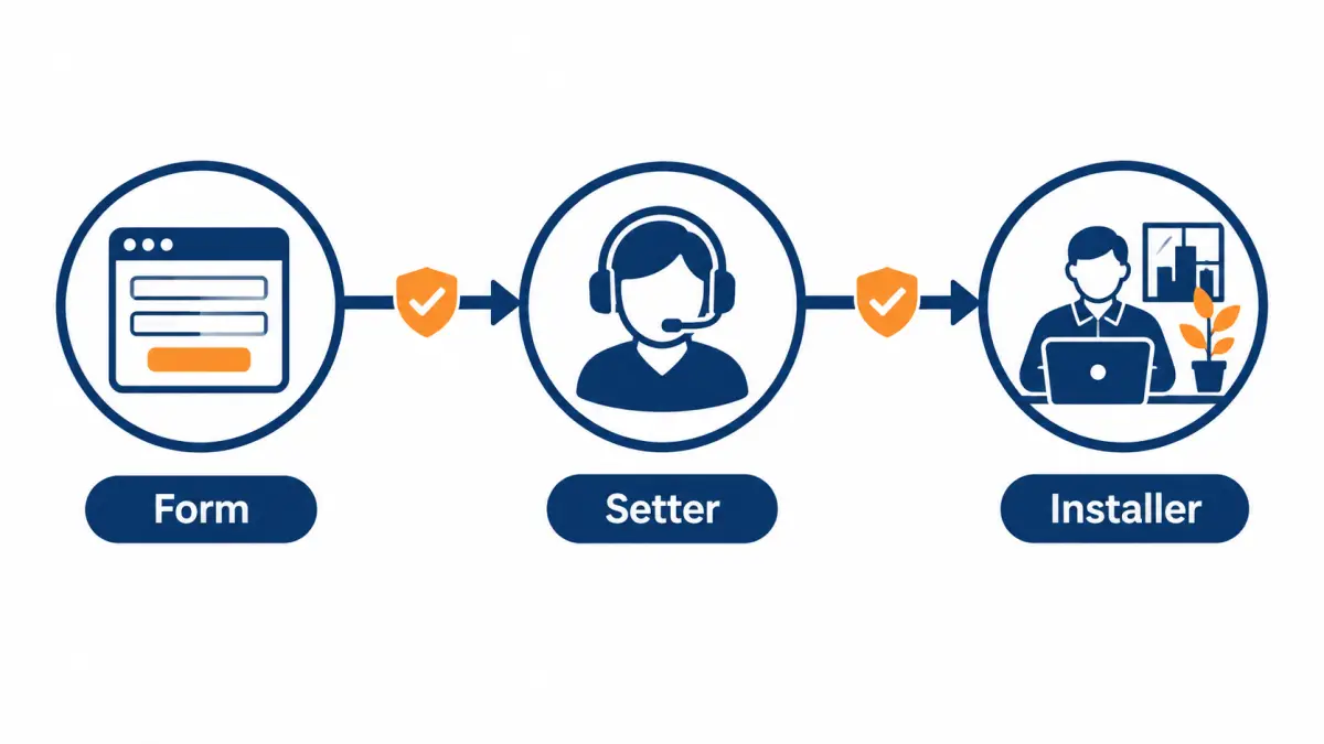 Diagram of a three-step consent chain from web form to call center setter to installer