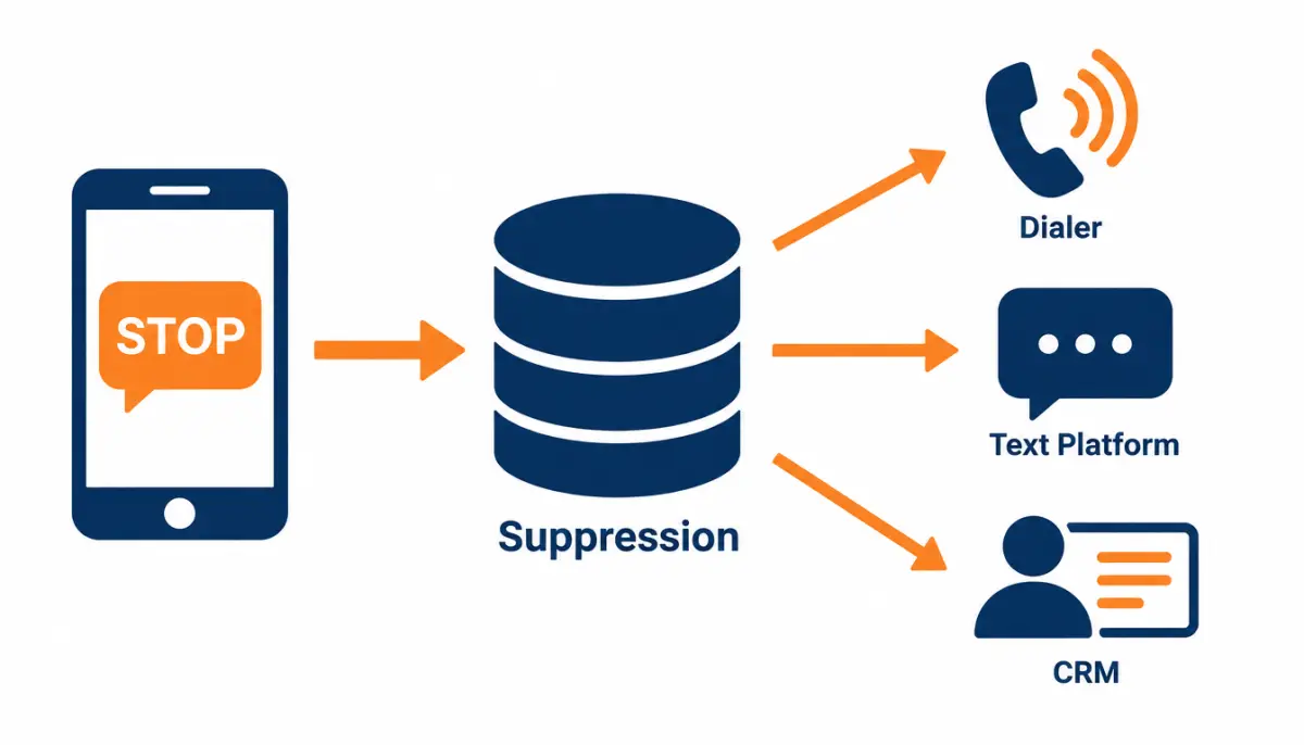 Flow diagram showing a STOP reply feeding a central suppression list that syncs to the dialer, texting platform and CRM