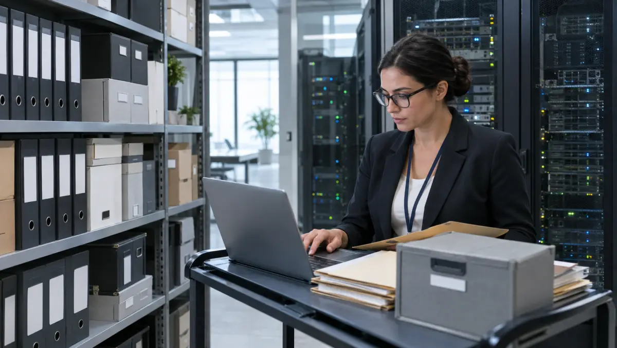 Compliance manager at a laptop reviewing archived records beside organized storage shelves