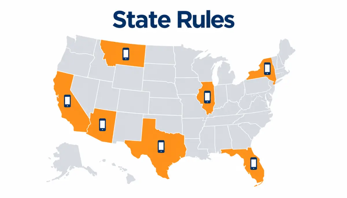 Simplified US map with several states highlighted to show where state telemarketing rules add to federal TCPA rules