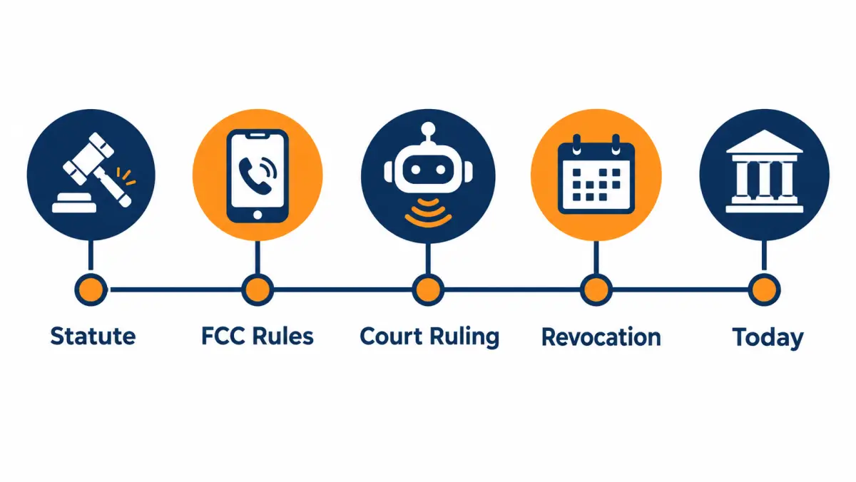 Timeline illustration of federal telemarketing milestones from statute to FCC rules to court rulings and revocation changes
