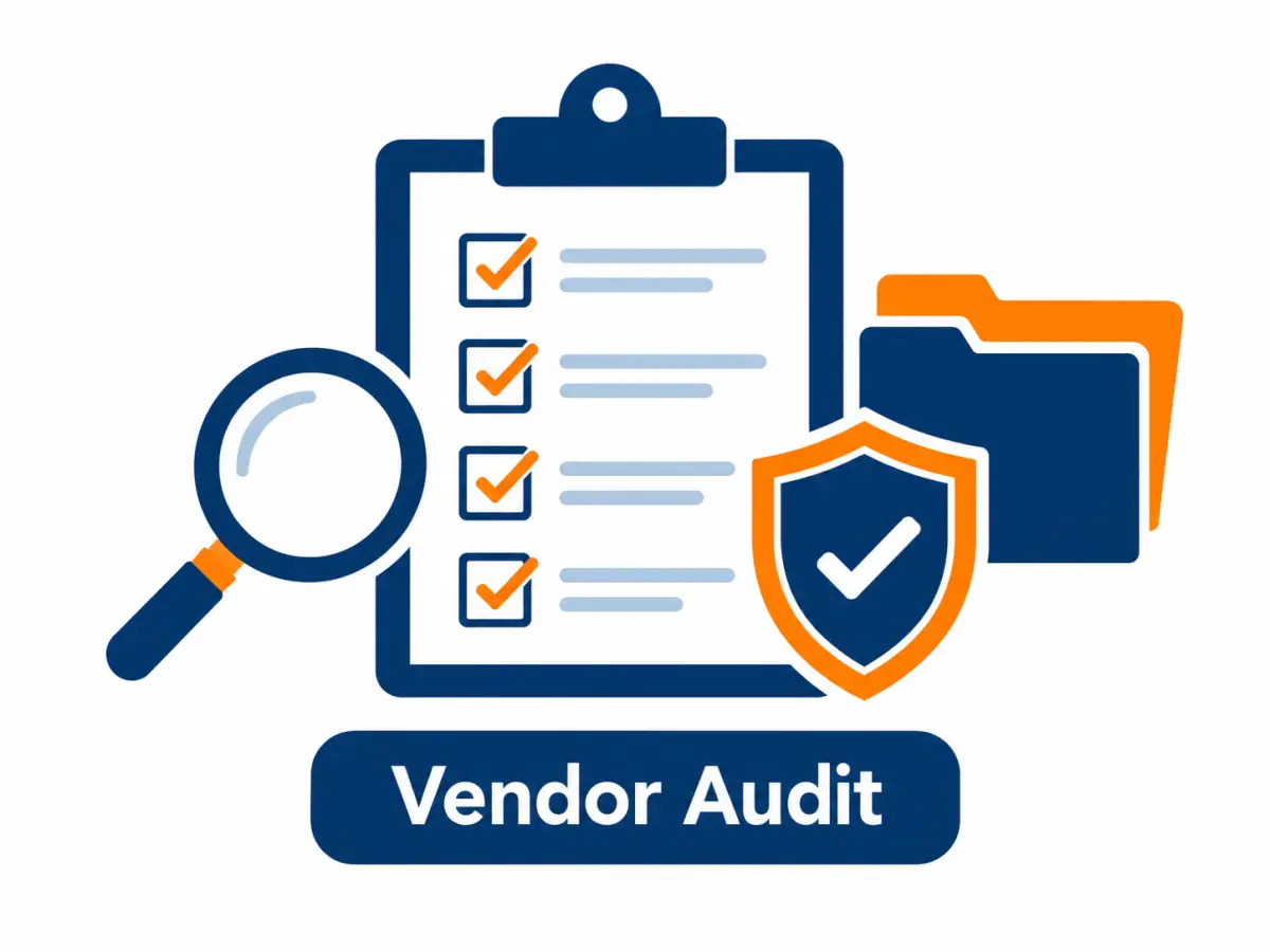 Illustration of a vendor audit checklist on a clipboard with a magnifying glass and shield
