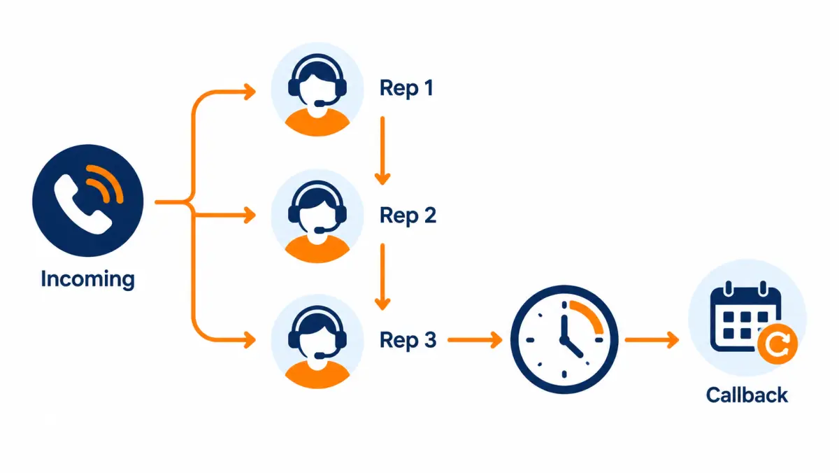 Diagram of a ring group: an incoming call rolling from rep one to rep two to rep three, then to a callback calendar