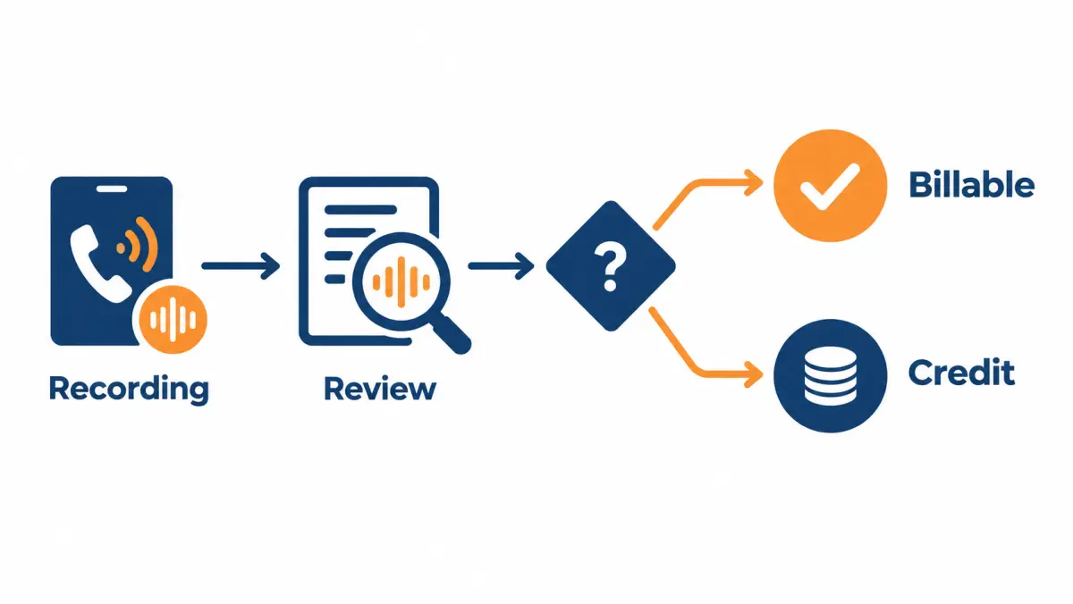 Flowchart of a dispute: call recording, review, decision, then billable or credit