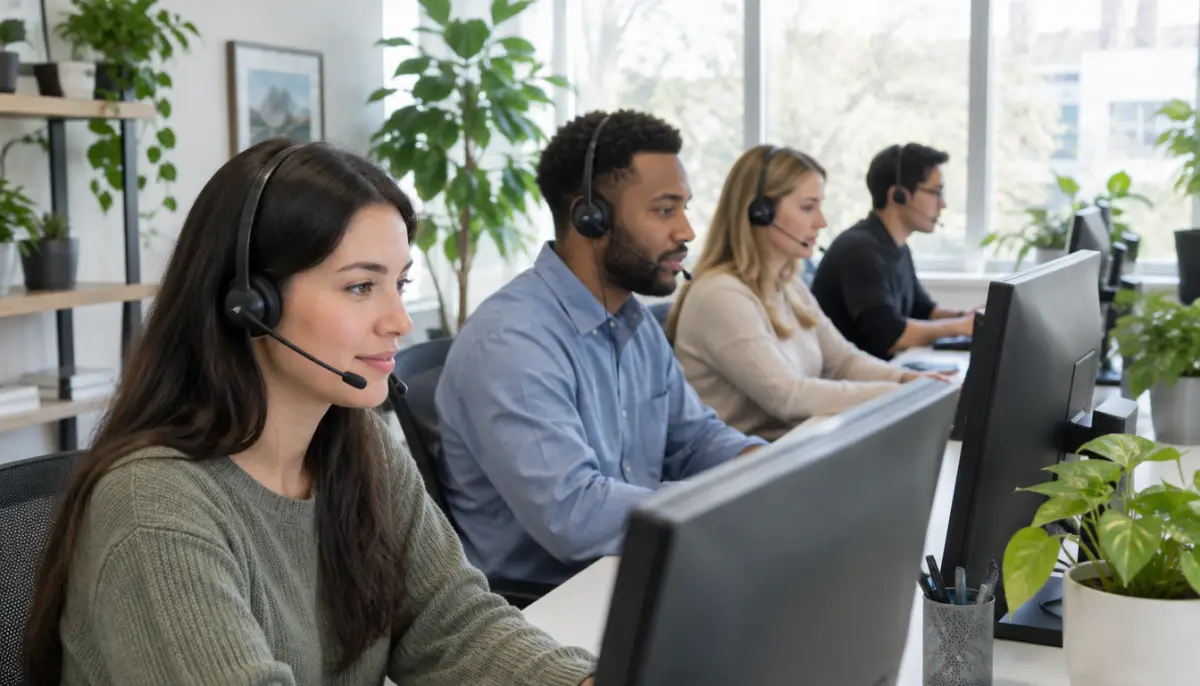 Small call center with screeners in headsets working at desks
