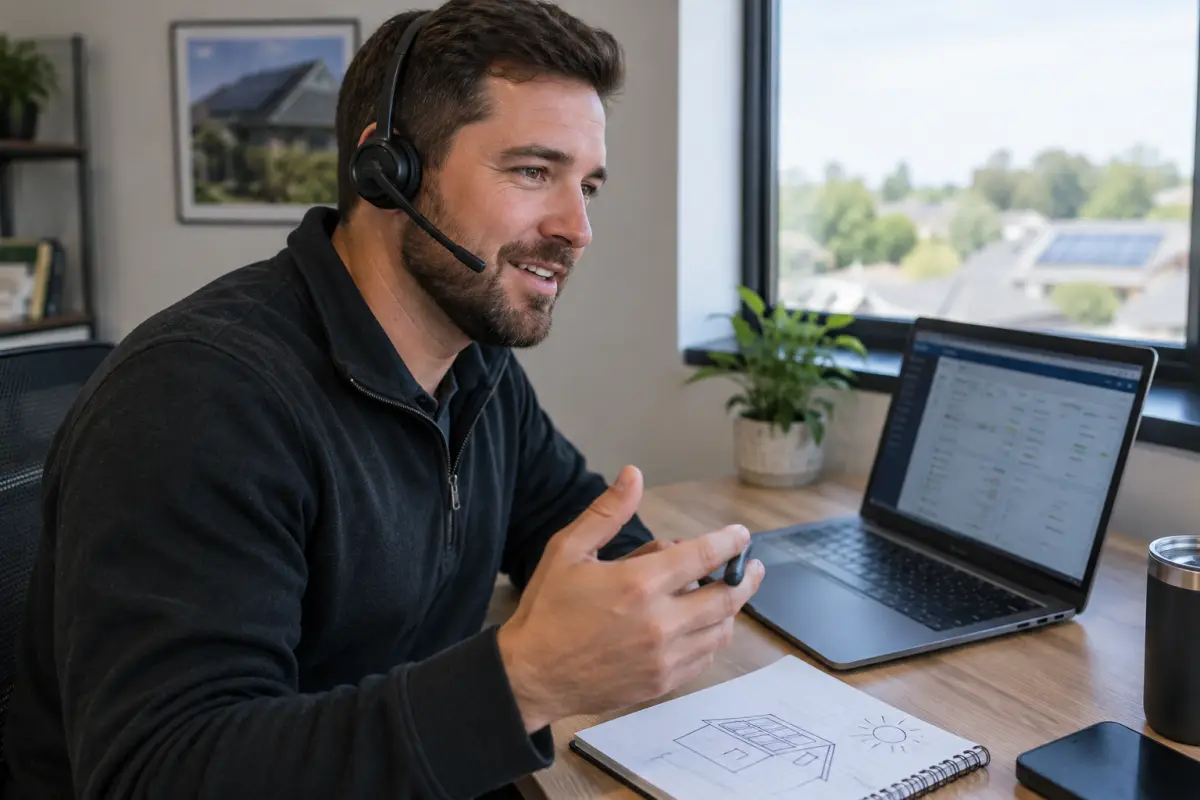 Solar closer with a headset taking a transferred call at his desk, laptop open beside a roof sketch