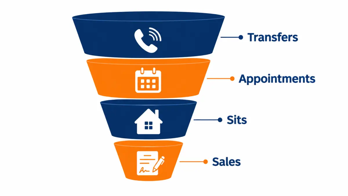 Funnel narrowing from transfers to appointments, sits and sales