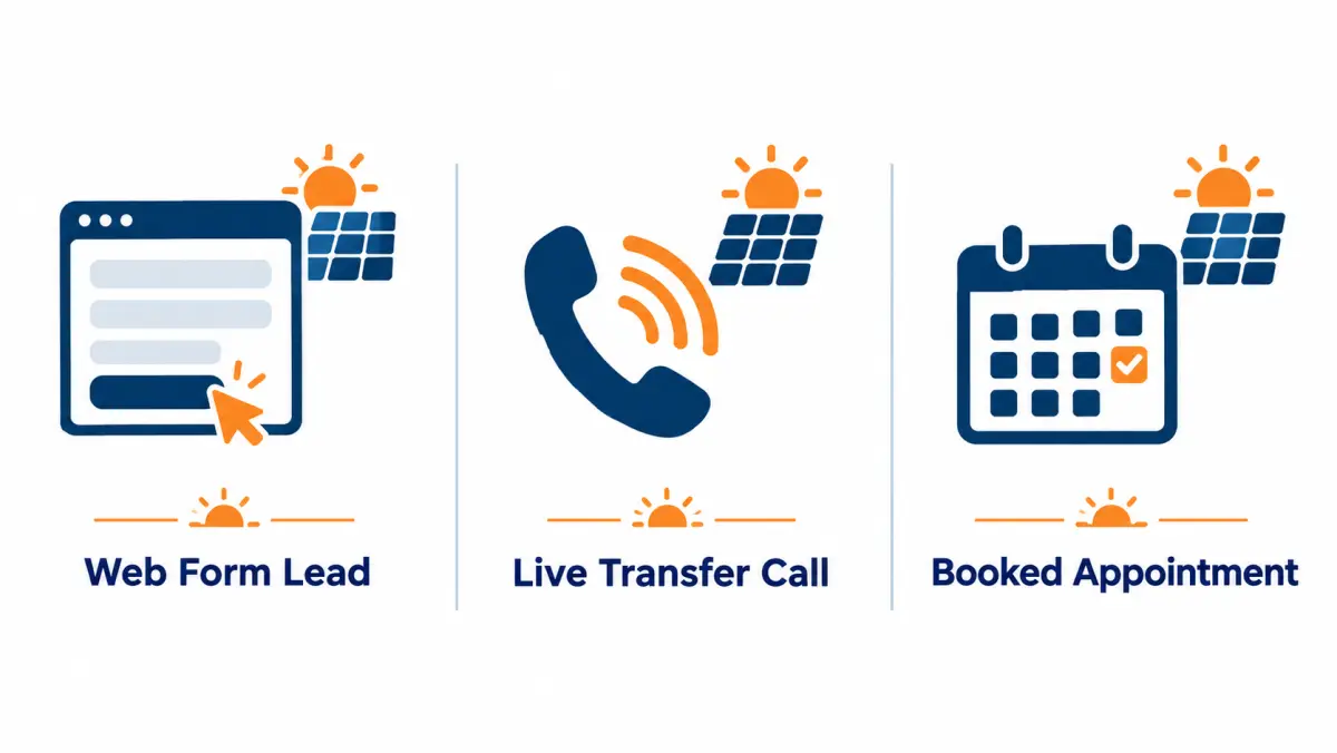 Comparison of three delivery models: web form lead, live transfer call, booked appointment